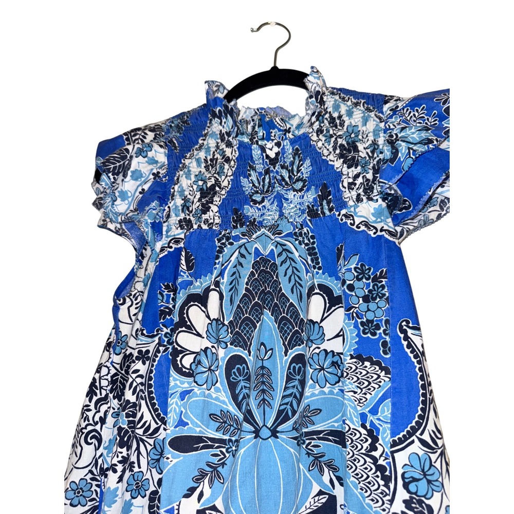 Love the Label Dress XS Blue White Floral Smocked Neck Ruffle Sleeve - Picture 3 of 5